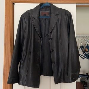 Black hip length leather coat